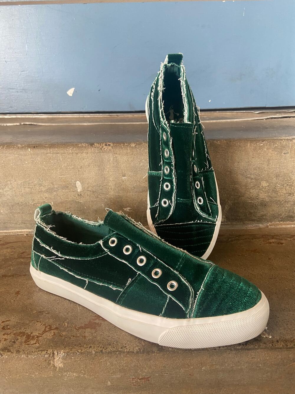 Corky’s Babalu green velvet slip on distressed sneakers